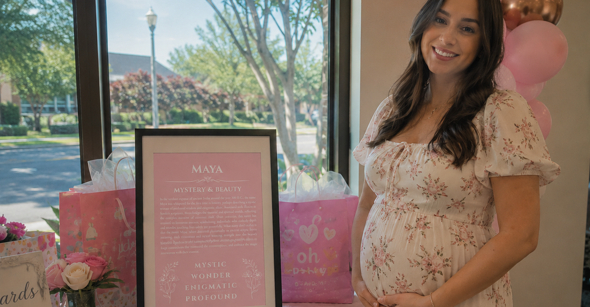 Expecting mother receiving a personalized name meaning print as a baby shower gift