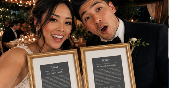 Bride and groom holding personalized name meaning prints on their wedding day