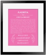 Aadhya custom name art showing meaning and origin in pink with black matte frame