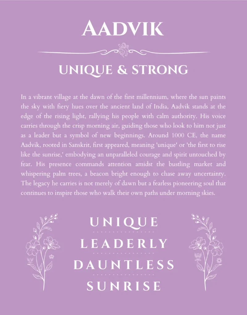 Aadvik custom name art showing meaning and origin in light purple