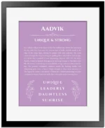 Aadvik custom name art showing meaning and origin in light purple with black matte frame