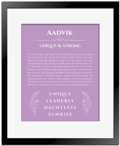 Aadvik custom name art showing meaning and origin in light purple with black matte frame
