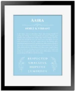 Aaira custom name meaning print in light blue with black matte frame