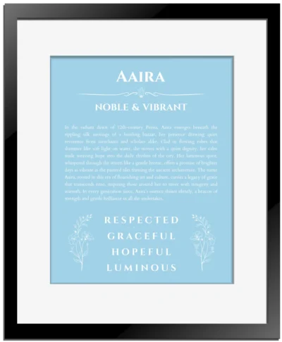 Aaira custom name meaning print in light blue with black matte frame