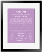 Aaliyah name meaning wall art by Get Your Story in light purple with black matte frame