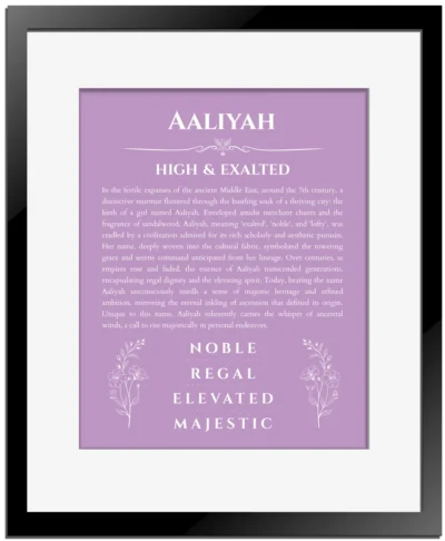 Aaliyah name meaning wall art by Get Your Story in light purple with black matte frame