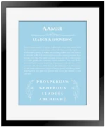 Aamir personalized name meaning print in light blue with black matte frame