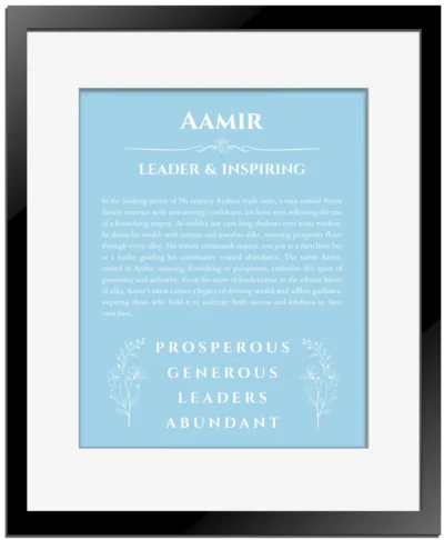 Aamir personalized name meaning print in light blue with black matte frame