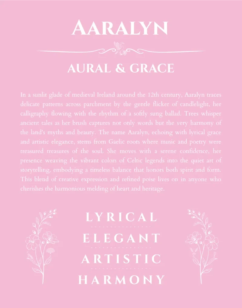 Aaralyn custom name art showing meaning and origin in light pink