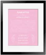 Aaralyn custom name art showing meaning and origin in light pink with black matte frame