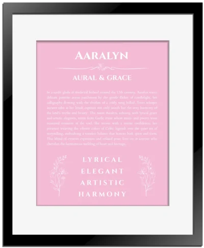 Aaralyn custom name art showing meaning and origin in light pink with black matte frame