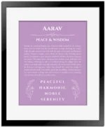 Aarav personalized name art with origin story in light purple with black matte frame