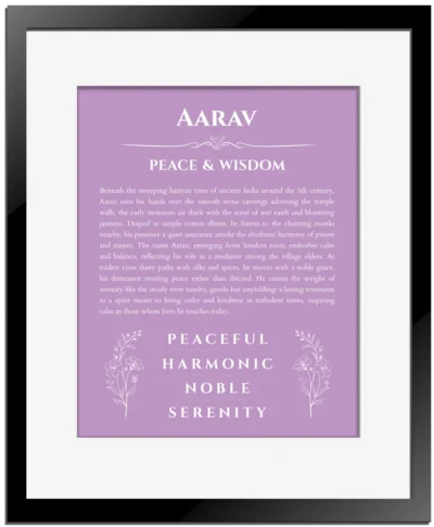 Aarav personalized name art with origin story in light purple with black matte frame
