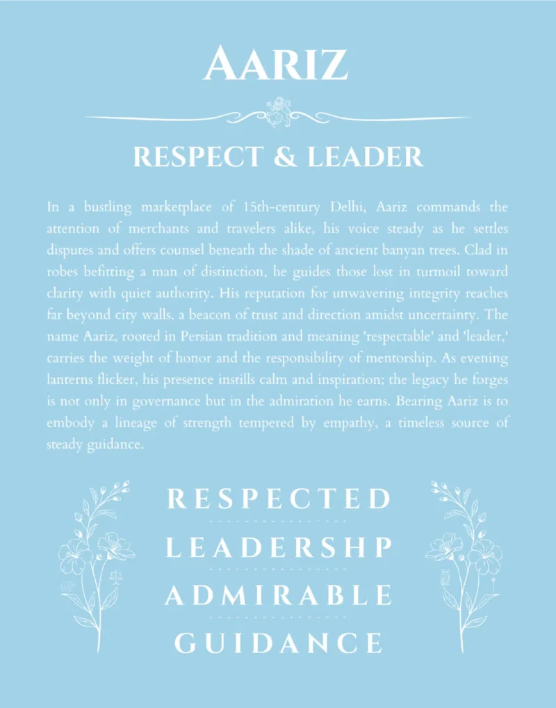Aariz custom name art showing meaning and origin in light blue