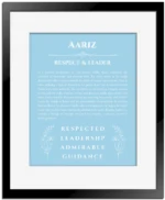 Aariz custom name art showing meaning and origin in light blue with black matte frame