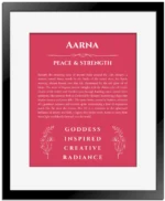 Aarna custom name art showing meaning and origin in red with black matte frame