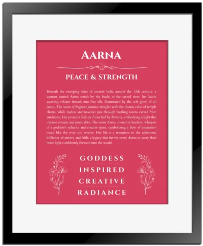 Aarna custom name art showing meaning and origin in red with black matte frame
