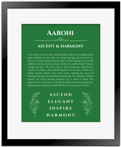Aarohi custom name meaning print in dark green with black matte frame