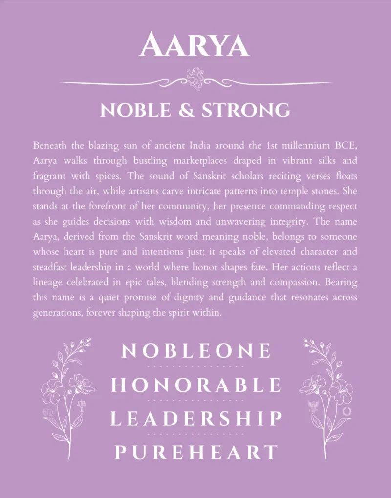 Aarya personalized name print with origin and traits in light purple