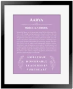 Aarya personalized name print with origin and traits in light purple with black matte frame