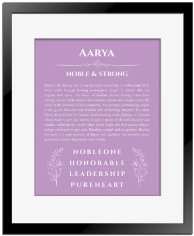 Aarya personalized name print with origin and traits in light purple with black matte frame