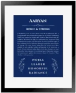 Aaryan custom name meaning print in deep blue with black matte frame