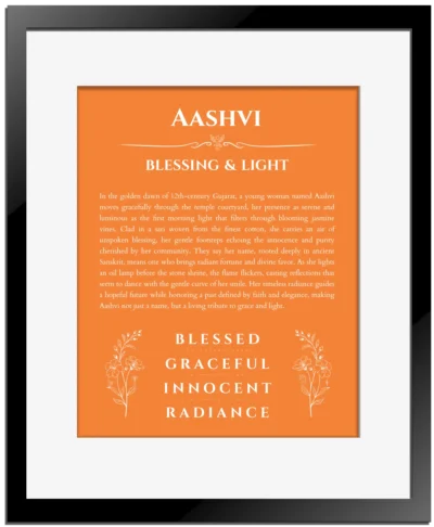 Aashvi personalized name meaning print in orange with black matte frame