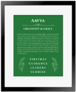 Aavya name meaning wall art by Get Your Story in dark green with black matte frame