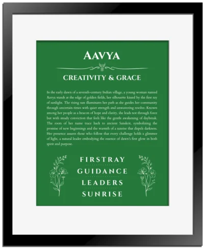 Aavya name meaning wall art by Get Your Story in dark green with black matte frame