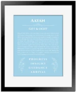 Aayan personalized wall art with the story of your name in light blue with black matte frame
