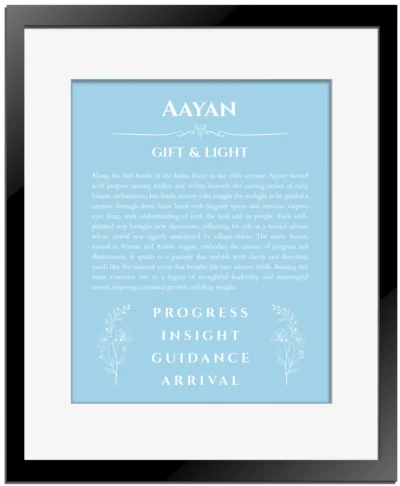 Aayan personalized wall art with the story of your name in light blue with black matte frame