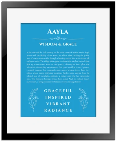 Aayla custom name print for wall display in blue with black matte frame