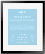 Abbas custom name meaning print in light blue with black matte frame