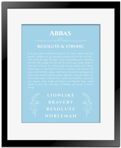Abbas custom name meaning print in light blue with black matte frame
