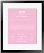 Abbie custom name meaning print in light pink with black matte frame