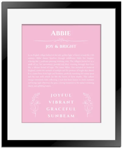Abbie custom name meaning print in light pink with black matte frame