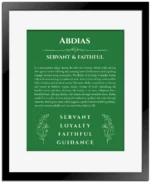 Abdias personalized name print with origin and traits in dark green with black matte frame