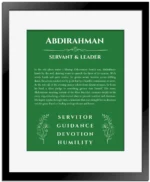 Abdirahman name meaning wall art by Get Your Story in dark green with black matte frame