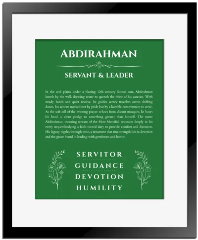 Abdirahman name meaning wall art by Get Your Story in dark green with black matte frame