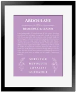 Abdoulaye personalized name art with origin story in light purple with black matte frame