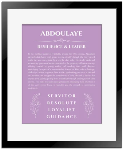 Abdoulaye personalized name art with origin story in light purple with black matte frame