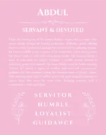 Abdul personalized name art with origin story in light pink