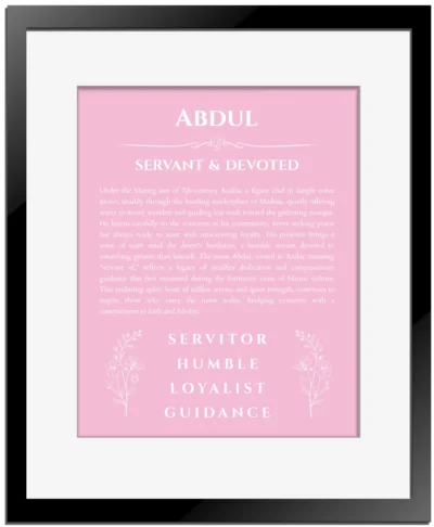 Abdul personalized name art with origin story in light pink with black matte frame