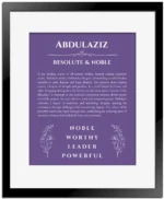 Abdulaziz personalized name art with origin story in purple with black matte frame