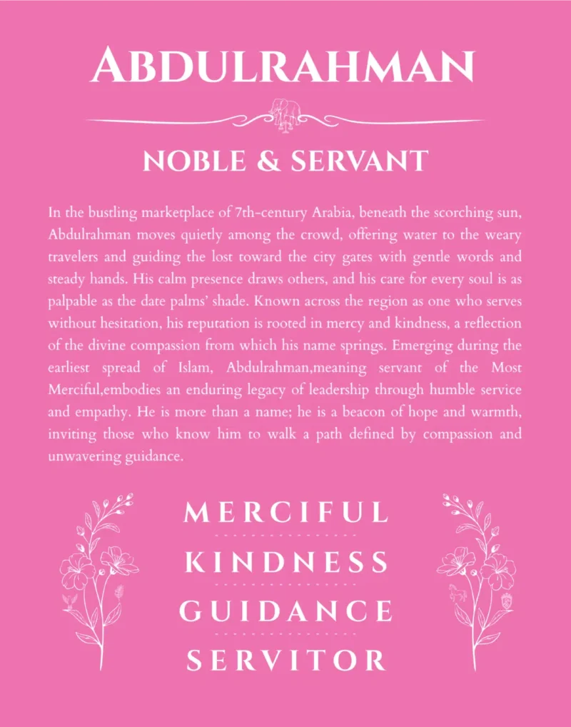 Abdulrahman personalized name art with origin story in pink