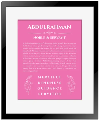 Abdulrahman personalized name art with origin story in pink with black matte frame