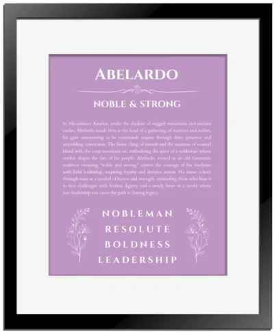 Abelardo name meaning gift print in light purple with black matte frame