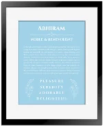 Abhiram name meaning gift print in light blue with black matte frame