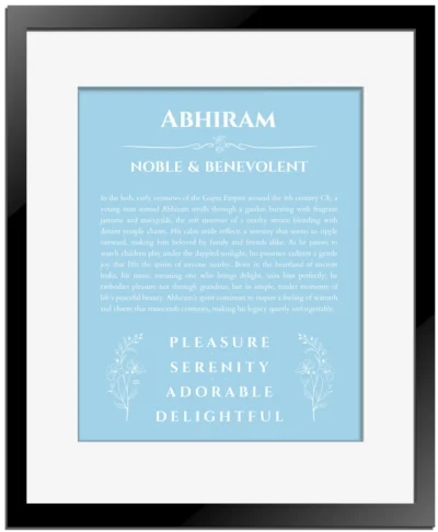 Abhiram name meaning gift print in light blue with black matte frame