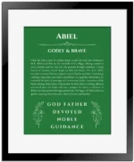 Abiel personalized wall art with the story of your name in dark green with black matte frame